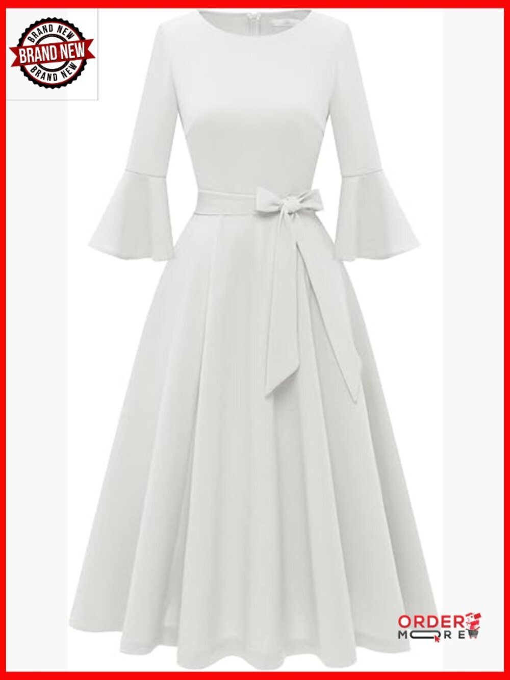 Modest Bell Sleeve Vintage A-Line Midi Dress with Belt - Picture 1 of 7
